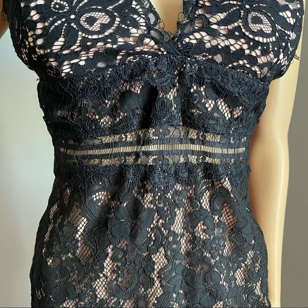 Just Me Sleeveless Plunging Neckline Mini Dress Black Lace Over Nude Size Small - Picture 3 of 14